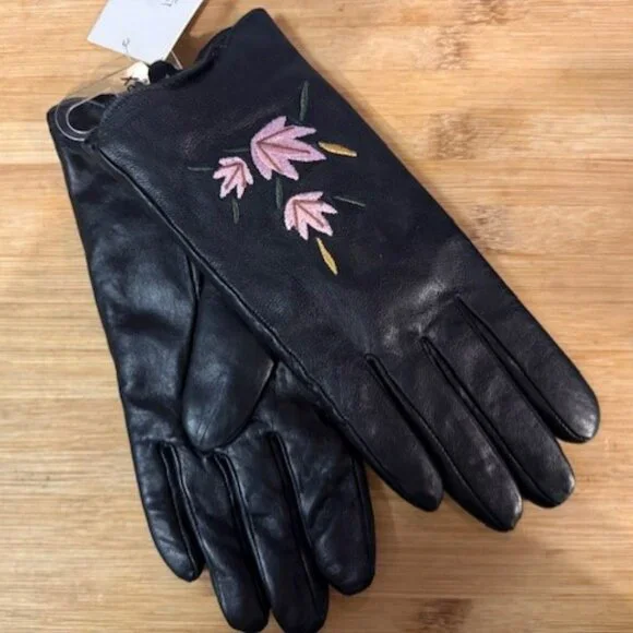Retro Black leather gloves with pink / pastel floral embroidery - NWT - Picture 5 of 16